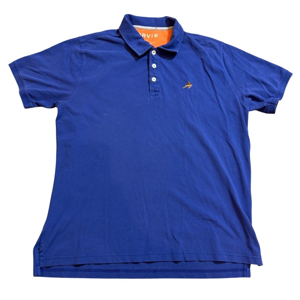 Orvis Mens Blue Cotton Spandex Pique Short Sleeve Polo Shirt Size L Fly Logo